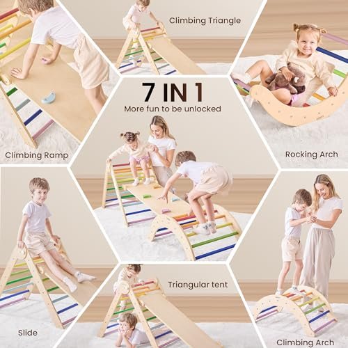 7-in-1 Climbing Toys for Toddlers 1-3 Inside, Foldable Wooden Montessori Climbing Set Indoor, Pikler Triangle Set with Arch, Ramp & Ladder - Rainbow