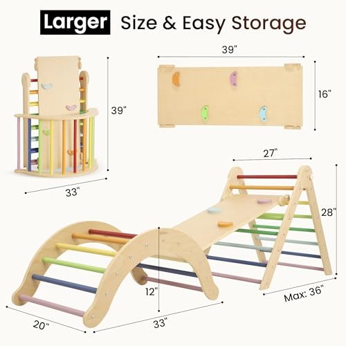 7-in-1 Climbing Toys for Toddlers 1-3 Inside, Foldable Wooden Montessori Climbing Set Indoor, Pikler Triangle Set with Arch, Ramp & Ladder - Rainbow