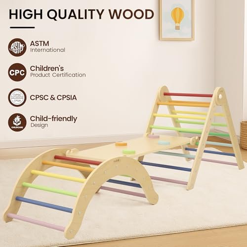 7-in-1 Climbing Toys for Toddlers 1-3 Inside, Foldable Wooden Montessori Climbing Set Indoor, Pikler Triangle Set with Arch, Ramp & Ladder - Rainbow