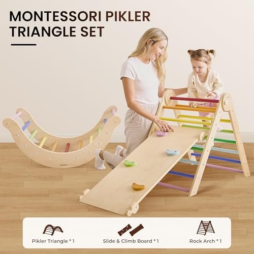 7-in-1 Climbing Toys for Toddlers 1-3 Inside, Foldable Wooden Montessori Climbing Set Indoor, Pikler Triangle Set with Arch, Ramp & Ladder - Rainbow