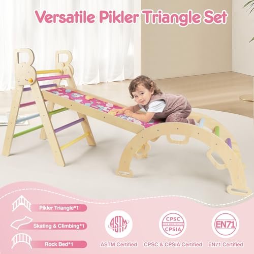 7 in 1 Pikler Triangle Set, Foldable Climbing Toys for Toddlers, Wooden Baby Climbing Toys, Arch Climber Rocker, Montessori Indoor Jungle Playground for Kids 1-3, Pink Unicorn