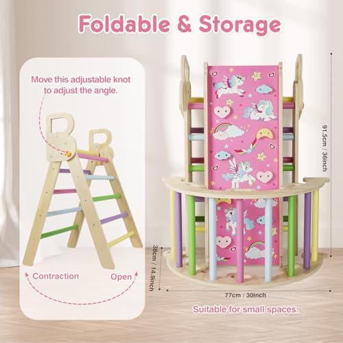 7 in 1 Pikler Triangle Set, Foldable Climbing Toys for Toddlers, Wooden Baby Climbing Toys, Arch Climber Rocker, Montessori Indoor Jungle Playground for Kids 1-3, Pink Unicorn