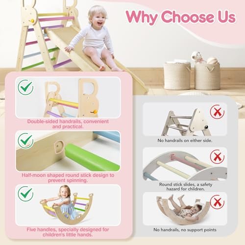 7 in 1 Pikler Triangle Set, Foldable Climbing Toys for Toddlers, Wooden Baby Climbing Toys, Arch Climber Rocker, Montessori Indoor Jungle Playground for Kids 1-3, Pink Unicorn