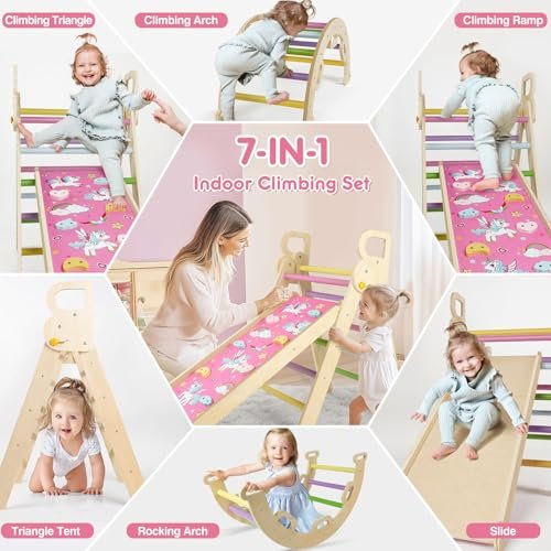 7 in 1 Pikler Triangle Set, Foldable Climbing Toys for Toddlers, Wooden Baby Climbing Toys, Arch Climber Rocker, Montessori Indoor Jungle Playground for Kids 1-3, Pink Unicorn