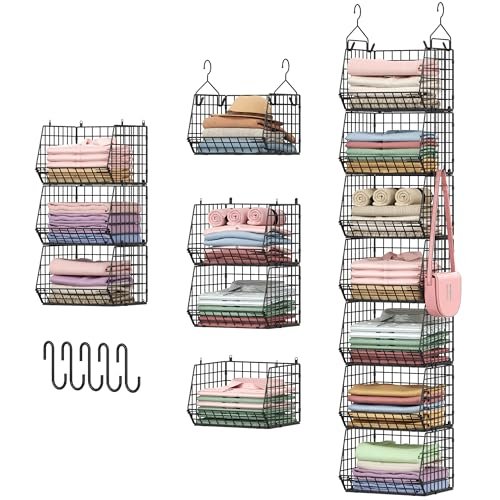 7 Tier Foldable Hanging Closet Organizer and Storage,Wire Closet Shelving with 5 S Hooks,Hanging Basket for Clothes Sweaters Shoes Handbags,Small Closet Organizers for Wardrobe Kitchen Laundry Room