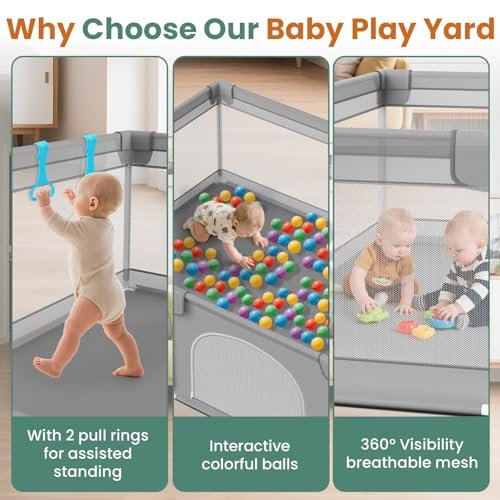 79” x 71” Playpen for Babies and Toddlers - Safe Baby Fence with 50 PCS Ocean Balls and 2 Pull Handles for Indoor - Large Baby Playpen for Activity Center - Play Yard with Non-Slip Suction Cups