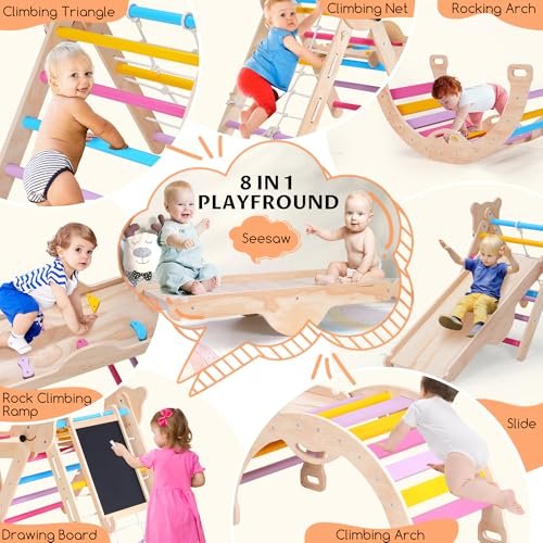 8 in 1 Pikler Triangle Set for Toddler, Foldable Wooden Montessori Climbing Toys with Sliding, Seesaw & Climbing Arch, Indoor Outdoor Playground Jungle Gym for Baby, Kids (Rainbow)