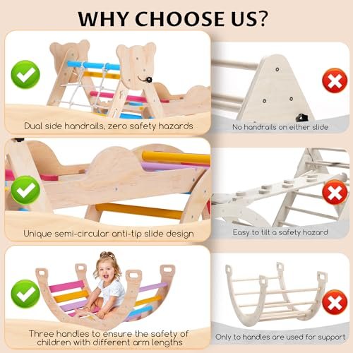 8 in 1 Pikler Triangle Set for Toddler, Foldable Wooden Montessori Climbing Toys with Sliding, Seesaw & Climbing Arch, Indoor Outdoor Playground Jungle Gym for Baby, Kids (Rainbow)