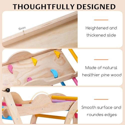 8 in 1 Pikler Triangle Set for Toddler, Foldable Wooden Montessori Climbing Toys with Sliding, Seesaw & Climbing Arch, Indoor Outdoor Playground Jungle Gym for Baby, Kids (Rainbow)