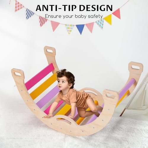 8 in 1 Pikler Triangle Set for Toddler, Foldable Wooden Montessori Climbing Toys with Sliding, Seesaw & Climbing Arch, Indoor Outdoor Playground Jungle Gym for Baby, Kids (Rainbow)
