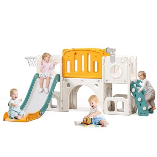 8 in 1 Toddler Slide,Kids Climber Slide with Storage Space and Non-Slip Steps,Indoor Outdoor Playset with Basketball Hoopa and Telescope,Slide for Toddlers Age 1-8 (White+Orange)