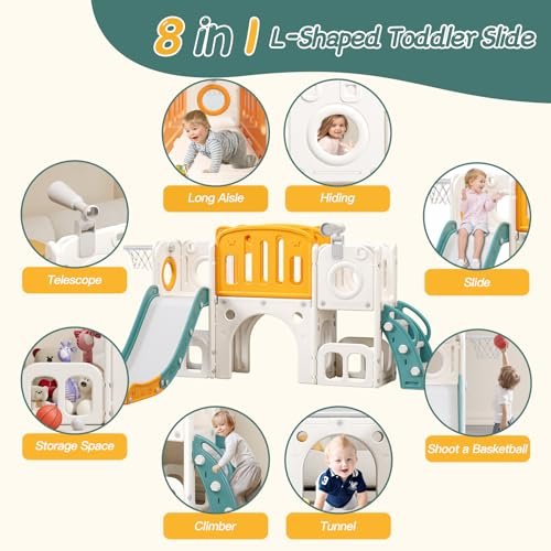 8 in 1 Toddler Slide,Kids Climber Slide with Storage Space and Non-Slip Steps,Indoor Outdoor Playset with Basketball Hoopa and Telescope,Slide for Toddlers Age 1-8 (White+Orange)