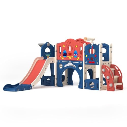 9-in-1 Castle Amusement Playground Playhouse, Indoor Outdoor Playset for Toddlers Age 1-3, Backyard Climber Play Set Slide for Kids Baby (Blue)