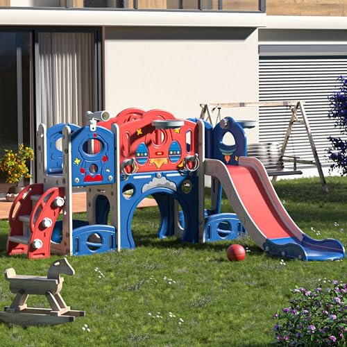 9-in-1 Castle Amusement Playground Playhouse, Indoor Outdoor Playset for Toddlers Age 1-3, Backyard Climber Play Set Slide for Kids Baby (Blue)