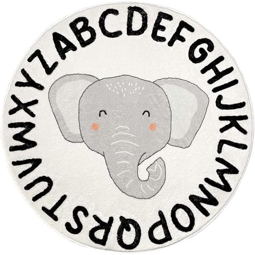 ABC Round Alphabet Nursery Rug, Soft Fluffy Carpet for Playroom, Bedroom, Classroom - Washable Non-Slip White Fuzzy for Girls & Boys, Kids Play Rug (Baby Elephant, White) (4ft x 4ft (120cm x 120cm))