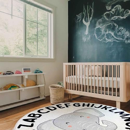 ABC Round Alphabet Nursery Rug, Soft Fluffy Carpet for Playroom, Bedroom, Classroom - Washable Non-Slip White Fuzzy for Girls & Boys, Kids Play Rug (Baby Elephant, White) (4ft x 4ft (120cm x 120cm))