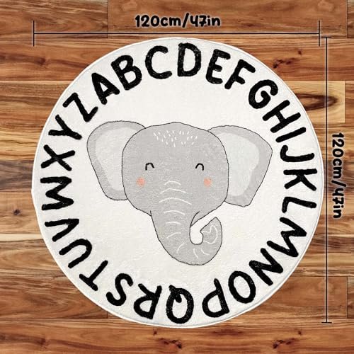 ABC Round Alphabet Nursery Rug, Soft Fluffy Carpet for Playroom, Bedroom, Classroom - Washable Non-Slip White Fuzzy for Girls & Boys, Kids Play Rug (Baby Elephant, White) (4ft x 4ft (120cm x 120cm))