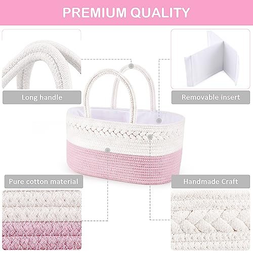 ABenkle Diaper Caddy Organizer - Cotton Rope Nursery Storage Basket for Baby Essentials, Boys & Girls Shower Gift, Changing Table Organizer, Pink