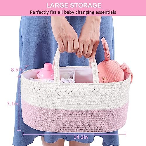 ABenkle Diaper Caddy Organizer - Cotton Rope Nursery Storage Basket for Baby Essentials, Boys & Girls Shower Gift, Changing Table Organizer, Pink