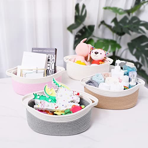 ABenkle Small Baskets with Handles - Decorative Durable Rope Woven Shelf Storage Organizer Bin, Gift Basket for Father's Day Easter Baby Shower, 12"x8"x5", White