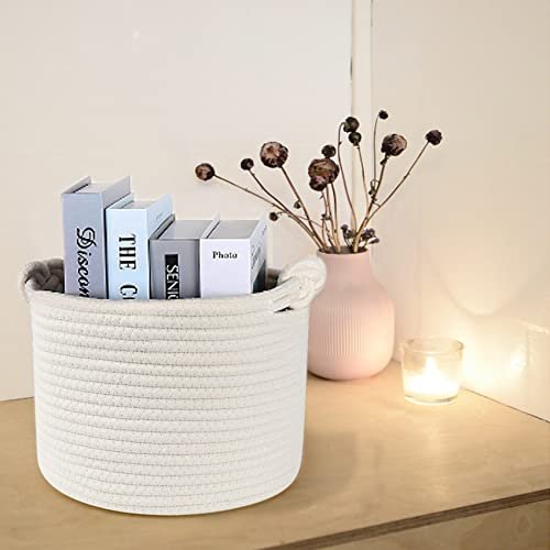 ABenkle Small Woven Basket, Cotton Rope Shelf Storage Basket, Small Round Easter Basket, Cute Basket, Decorative Round Bin for Nursery Bedroom Bathroom, 9.4" x 9.4"x 7.1" Empty Gift Basket