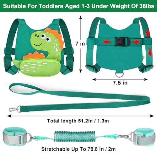 Accmor Toddler Leash Harness, 2 Pack Cute Dinosaur Kids Leash Harness + Anti Lost Wrist Link, Mini Child Walking Harness Wristband Assistant Strap Belt for Baby Boys Girls to Outdoor Travel