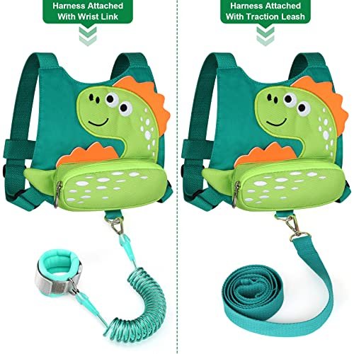 Accmor Toddler Leash Harness, 2 Pack Cute Dinosaur Kids Leash Harness + Anti Lost Wrist Link, Mini Child Walking Harness Wristband Assistant Strap Belt for Baby Boys Girls to Outdoor Travel