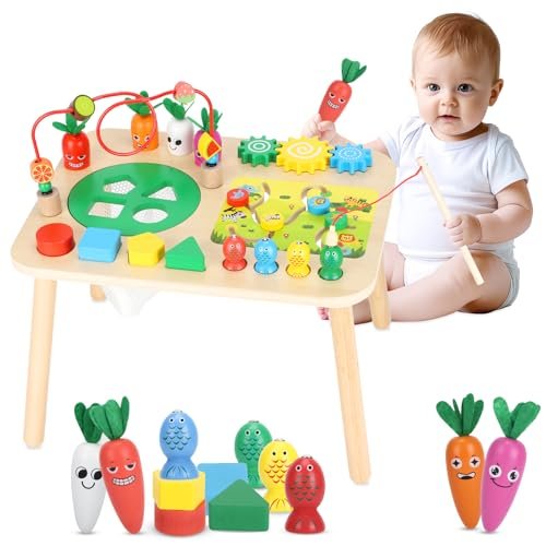 Activity Table for 1+ Year Old Girls Boys, 7-in-1 Wooden Montessori Toys, Activity Center, Baby Toddler Sensory Toys Kids First Birthday Gift
