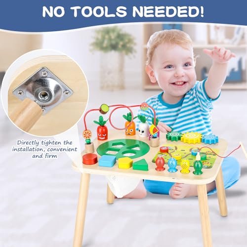Activity Table for 1+ Year Old Girls Boys, 7-in-1 Wooden Montessori Toys, Activity Center, Baby Toddler Sensory Toys Kids First Birthday Gift