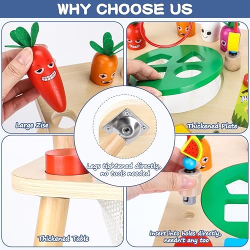 Activity Table for 1+ Year Old Girls Boys, 7-in-1 Wooden Montessori Toys, Activity Center, Baby Toddler Sensory Toys Kids First Birthday Gift