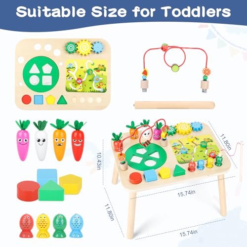 Activity Table for 1+ Year Old Girls Boys, 7-in-1 Wooden Montessori Toys, Activity Center, Baby Toddler Sensory Toys Kids First Birthday Gift