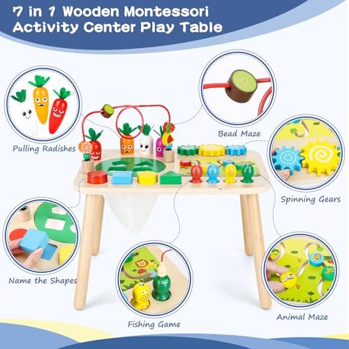 Activity Table for 1+ Year Old Girls Boys, 7-in-1 Wooden Montessori Toys, Activity Center, Baby Toddler Sensory Toys Kids First Birthday Gift