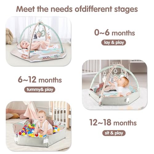 AIBOMUDA Baby Gym Play Mat,Baby Activity Play Mat & & Ball Pit,Washable Tummy Time Mat with 5 Sensory Baby Toys,Boy & Girl Gifts for Inflant Baby 0 3 6 9 13 Months