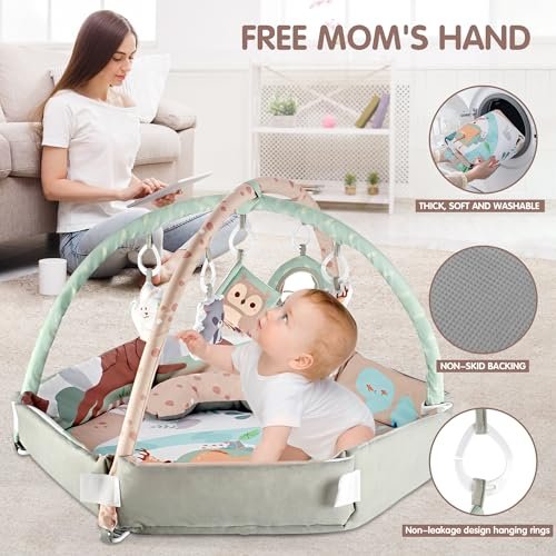 AIBOMUDA Baby Gym Play Mat,Baby Activity Play Mat & & Ball Pit,Washable Tummy Time Mat with 5 Sensory Baby Toys,Boy & Girl Gifts for Inflant Baby 0 3 6 9 13 Months