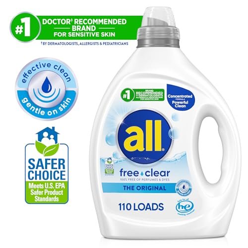 all free clear, Original, Liquid Laundry Detergent for Sensitive Skin, Unscented and Hypoallergenic, Concentrated, 82.5oz, 110 Loads