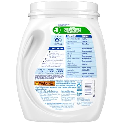 all free clear, Original, MIGHTY PACS Laundry Detergent Pacs for Sensitive Skin, Unscented and Hypoallergenic, 66 Count (Pack of 2)