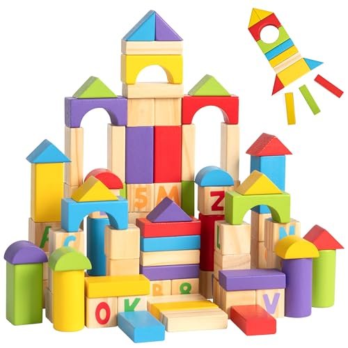 Alphabet Number Wooden Building Blocks Set -100 Blocks in 5 Water Paint Colors and 7 Shapes. Preschool Montessori Kids Baby Toys. Stacking Learning Toys for Toddlers. Age 18 Months +