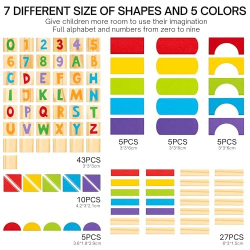 Alphabet Number Wooden Building Blocks Set -100 Blocks in 5 Water Paint Colors and 7 Shapes. Preschool Montessori Kids Baby Toys. Stacking Learning Toys for Toddlers. Age 18 Months +