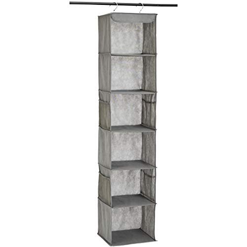 Amazon Basics 6-Tier Hanging Closet Shelf Organizer With Pockets, 8.5" D x 12" W x 9" H, Grey