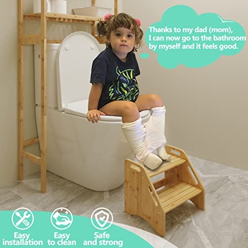 AMBIRD Wooden Step Stool, Two Step Stools Toddler 300 lbs Capacity with Safety Non-Slip Pads and Handles, Bamboo Step Stool for Bathroom, Kitchen Dual Height Step Stools for Kids (Natural)