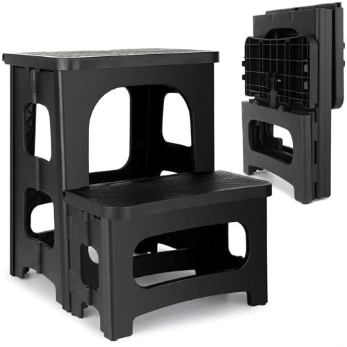 Amoise Folding 2-Step Stool, Non-Slip Portable Footstool 8'' & 17'' Dual Heights, Holds 300 lbs, Portable Footstool for Kitchen Home Toilet Bedroom Office Bathroom RV(Black)
