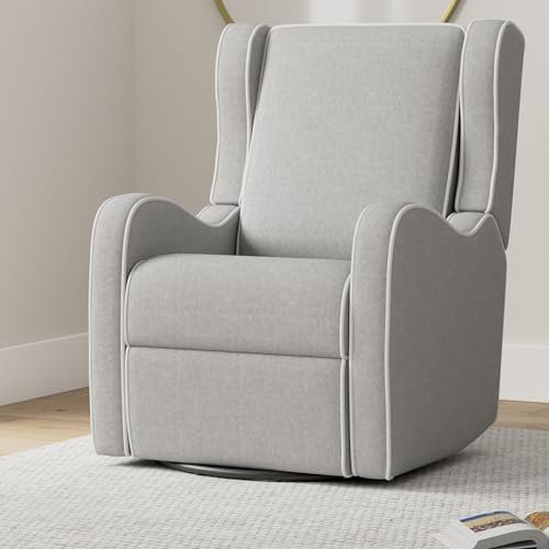 Angel Line Rebecca Upholstered Swivel Gliding Recliner, Gray Linen with White Piping