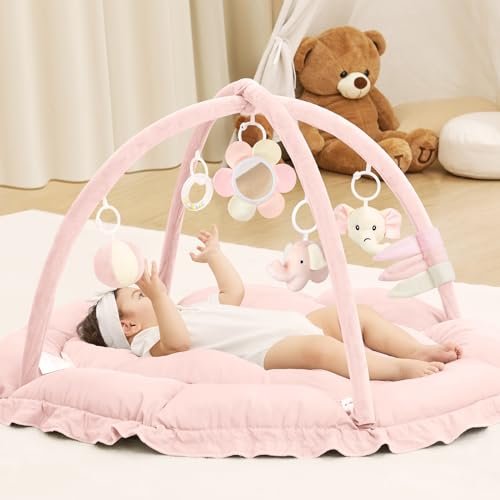 ANGELBLISS 5 in 1 Baby Play Gym Mat, Reversible Tummy Time Mat with 5 Sensory Toys for Stage-Based Developmental, Thick & Large Baby Activity Center from Newborn to Toddler (Pink)