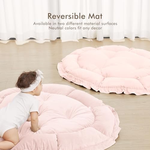 ANGELBLISS 5 in 1 Baby Play Gym Mat, Reversible Tummy Time Mat with 5 Sensory Toys for Stage-Based Developmental, Thick & Large Baby Activity Center from Newborn to Toddler (Pink)