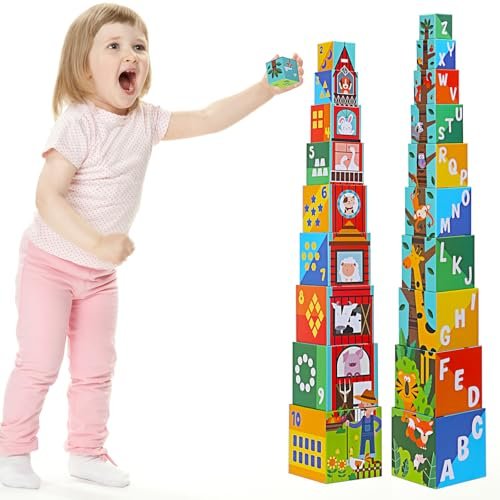 Animal Sorting and Stacking Blocks - Educational ABC & Numbers Toy for Babies and Toddlers - Montessori Learning Tower -10 Nesting Cubes Building Set - Ideal Present for Boys & Girls