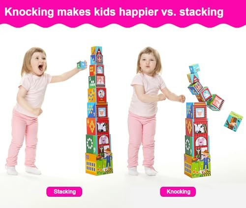 Animal Sorting and Stacking Blocks - Educational ABC & Numbers Toy for Babies and Toddlers - Montessori Learning Tower -10 Nesting Cubes Building Set - Ideal Present for Boys & Girls