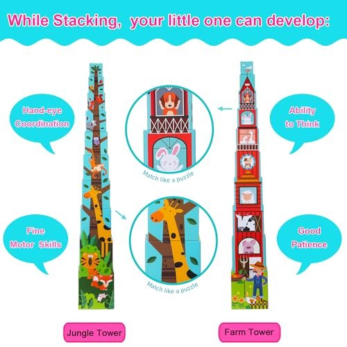 Animal Sorting and Stacking Blocks - Educational ABC & Numbers Toy for Babies and Toddlers - Montessori Learning Tower -10 Nesting Cubes Building Set - Ideal Present for Boys & Girls