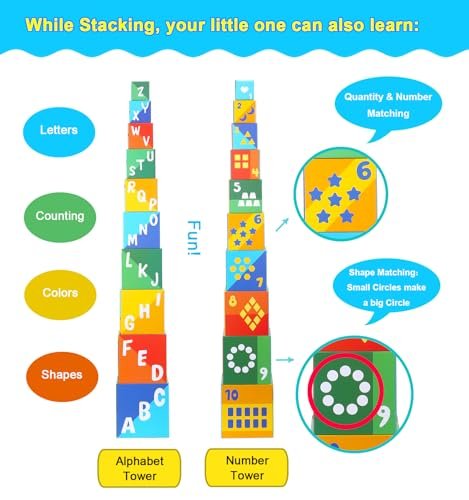 Animal Sorting and Stacking Blocks - Educational ABC & Numbers Toy for Babies and Toddlers - Montessori Learning Tower -10 Nesting Cubes Building Set - Ideal Present for Boys & Girls