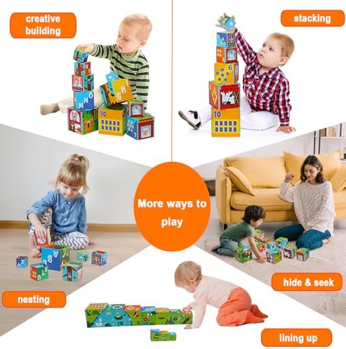 Animal Sorting and Stacking Blocks - Educational ABC & Numbers Toy for Babies and Toddlers - Montessori Learning Tower -10 Nesting Cubes Building Set - Ideal Present for Boys & Girls