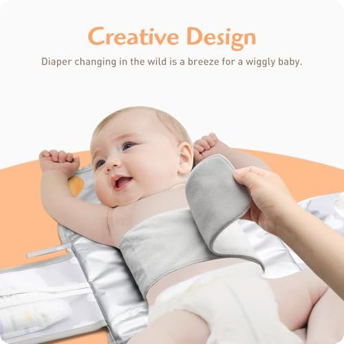 Anti Roll Diaper Changing Pad Mat with Swaddle Strap 3-in-1 Portable Waterproof Foldable Travel Station with Dual Storage Pockets, Built-in Pillow, Wipes Holder, Shower Gift for Newborns Girls, Boys